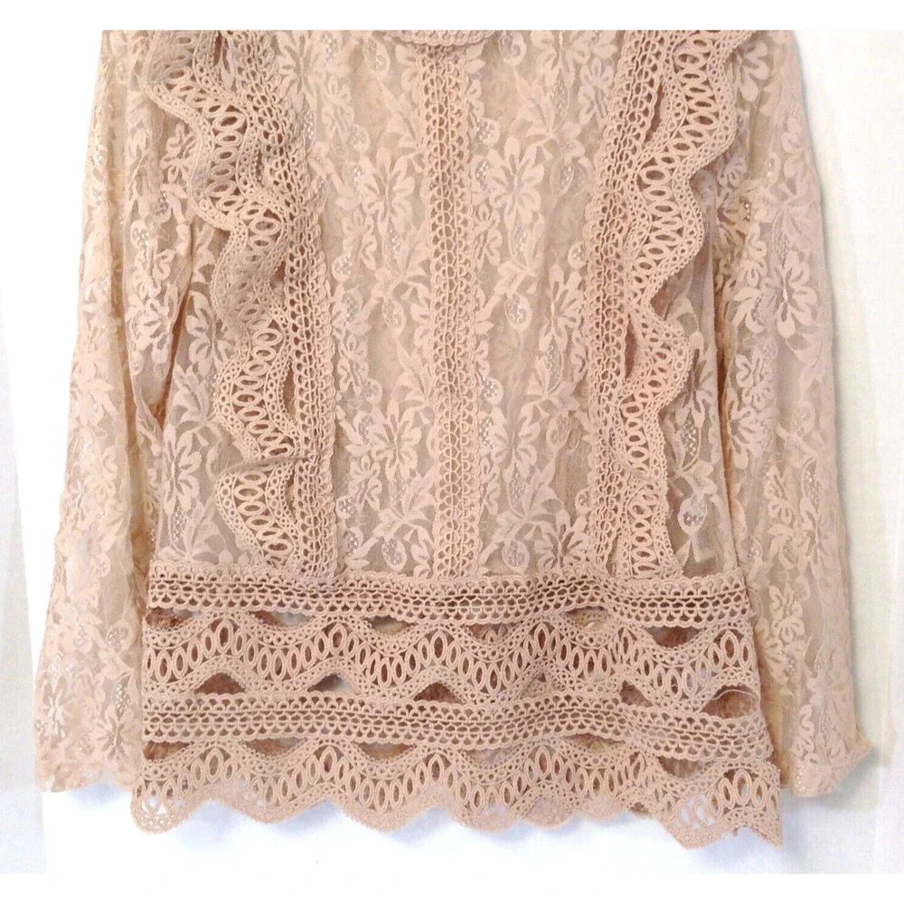 Crochet Lace Embroidered Top Wn S Beige Long Sleeve Blouse Sheer Fairy Boho Y2K